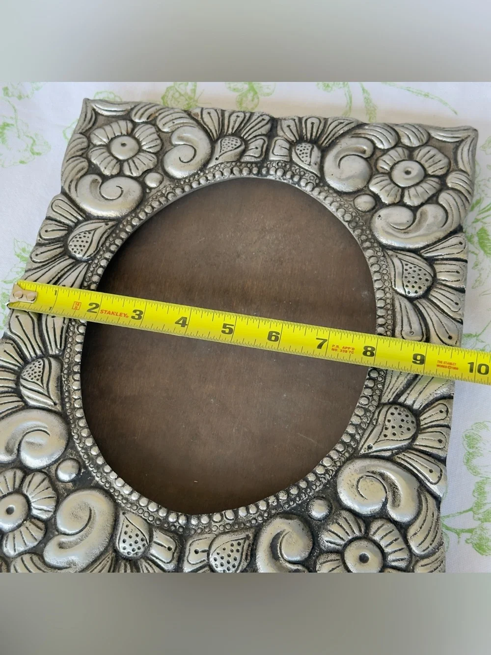 Vintage Pewter? Metal Picture Frame w Ornate Floral & Scroll Repoussé Motif